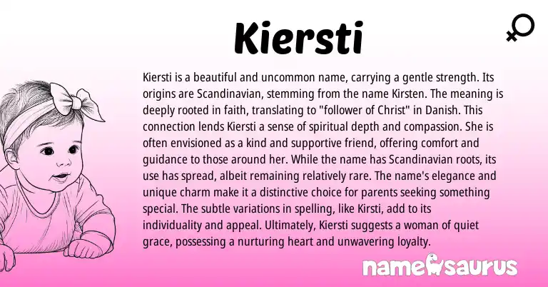 Infographic about Kiersti name meaning, Kiersti is a name from Scandinavian, Danish origin(s).