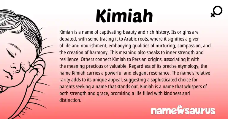 Infographic about Kimiah name meaning, Kimiah is a name from Arabic origin(s).