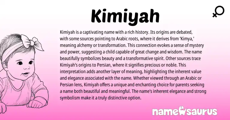Infographic about Kimiyah name meaning, Kimiyah is a name from Arabic origin(s).