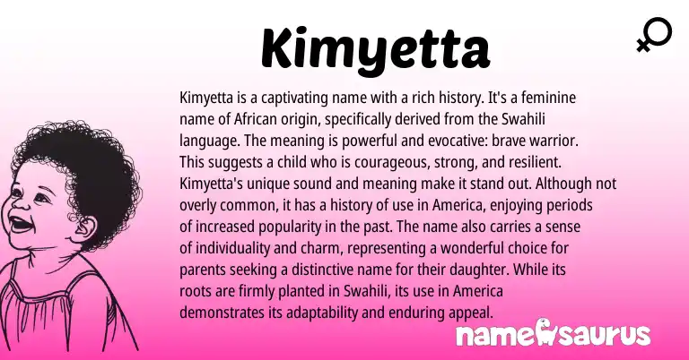 Infographic about Kimyetta name meaning, Kimyetta is a name from African, Swahili origin(s).