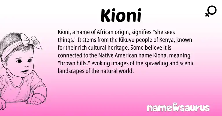 Infographic about Kioni name meaning, Kioni is a name from Native American, Kikuyu, African, Kenya origin(s).