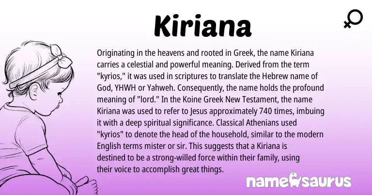 Infographic about Kiriana name meaning, Kiriana is a name from English, Hebrew, Greek origin(s).