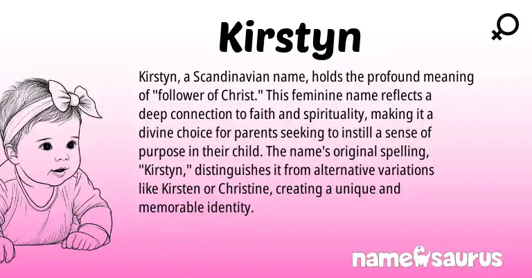 Infographic about Kirstyn name meaning, Kirstyn is a name from Scandinavian origin(s).