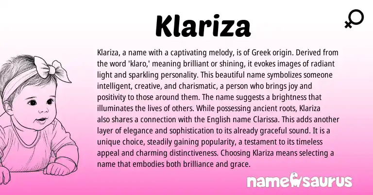 Infographic about Klariza name meaning, Klariza is a name from Greek origin(s).