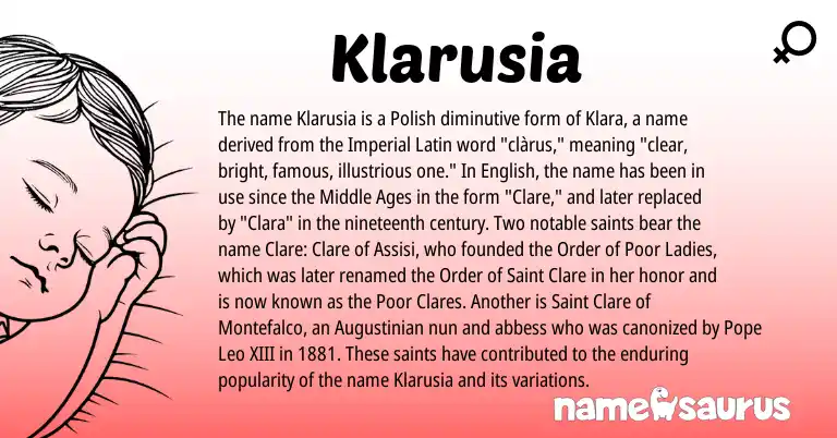 Infographic about Klarusia name meaning, Klarusia is a name from Polish, English, Latin origin(s).