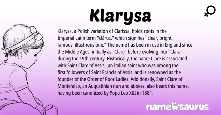 Infographic about Klarysa name meaning, Klarysa is a name from Polish, Latin, Italian, England origin(s).