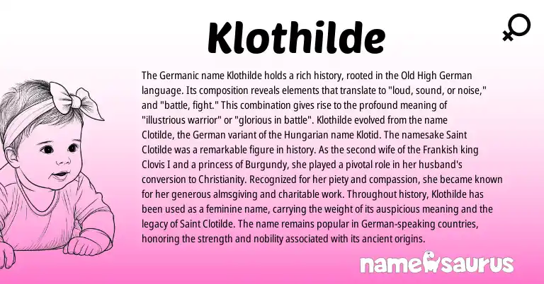 Infographic about Klothilde name meaning, Klothilde is a name from Christianity, Old High German, Frankish, Hungarian, Germanic, German origin(s).