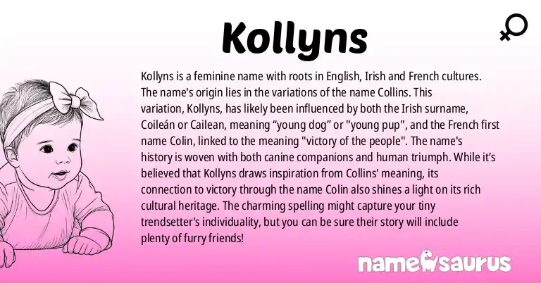 Infographic about Kollyns name meaning, Kollyns is a name from English, Irish, French, Scottish origin(s).