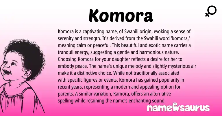 Infographic about Komora name meaning, Komora is a name from African, Swahili origin(s).