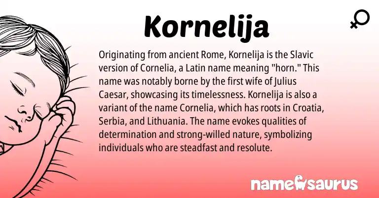 Infographic about Kornelija name meaning, Kornelija is a name from Slavic, Latin origin(s).