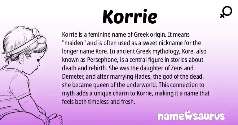 Infographic about Korrie name meaning, Korrie is a name from Greek origin(s).