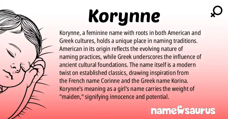 Infographic about Korynne name meaning, Korynne is a name from American, Greek origin(s).