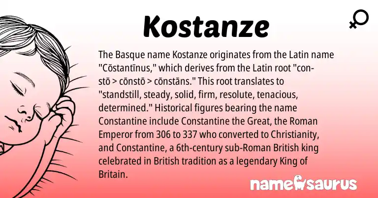 Infographic about Kostanze name meaning, Kostanze is a name from British, Christianity, Roman, Latin, Basque origin(s).