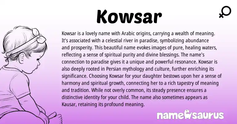 Infographic about Kowsar name meaning, Kowsar is a name from Persian, Arabic origin(s).