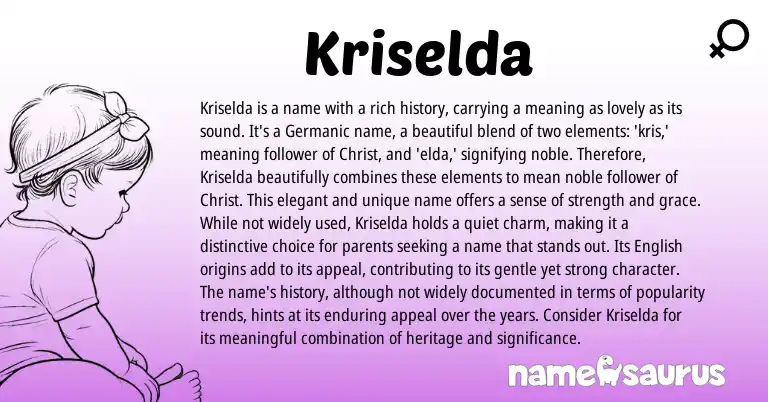 Infographic about Kriselda name meaning, Kriselda is a name from Germanic, Greek origin(s).