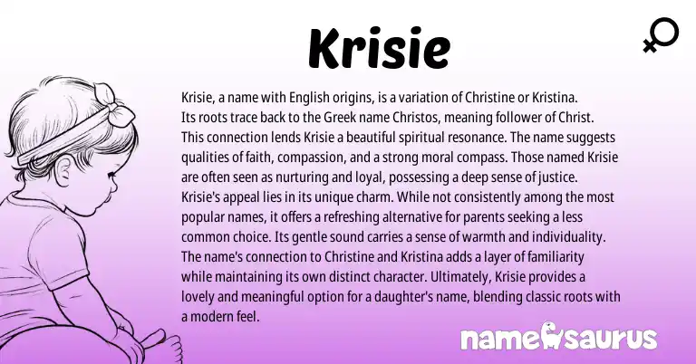 Infographic about Krisie name meaning, Krisie is a name from Greek, American origin(s).