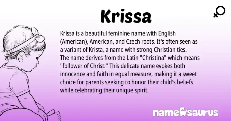 Infographic about Krissa name meaning, Krissa is a name from English (American), American, Czech, Latin origin(s).