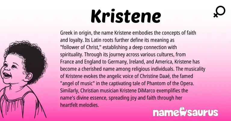 Infographic about Kristene name meaning, Kristene is a name from England, Ireland, Latin, Greek origin(s).