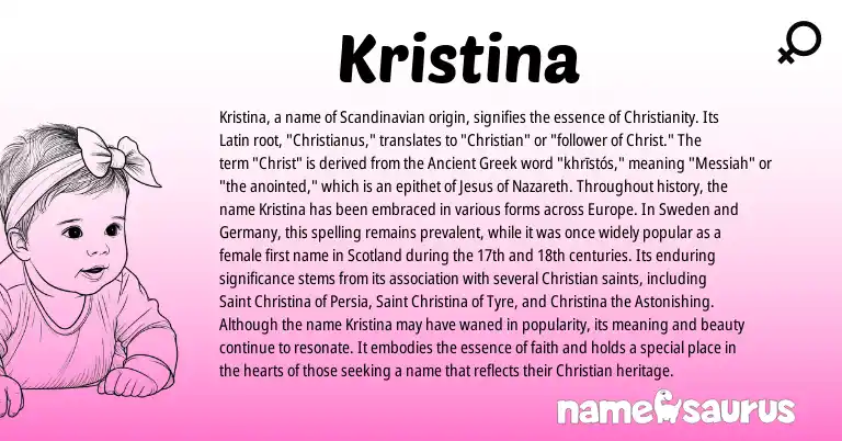 Infographic about Kristina name meaning, Kristina is a name from Scandinavian, Ancient Greek, Christianity, Latin origin(s).