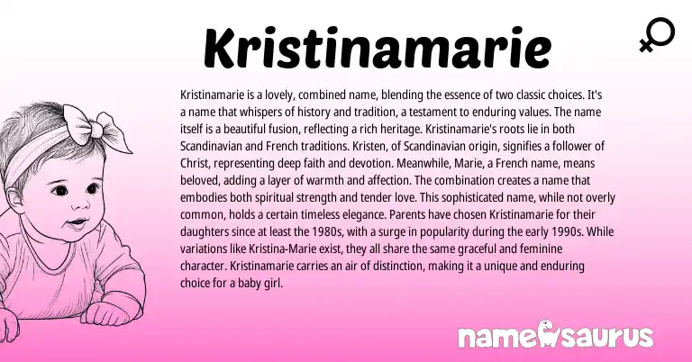Infographic about Kristinamarie name meaning, Kristinamarie is a name from Scandinavian, French, English origin(s).