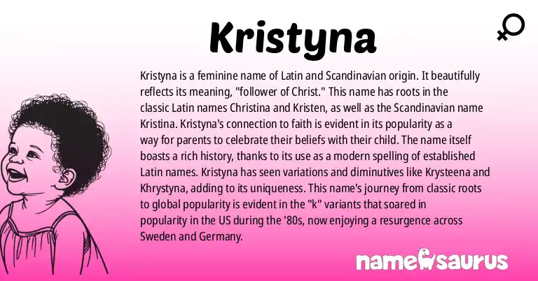 Infographic about Kristyna name meaning, Kristyna is a name from Latin, Scandinavian origin(s).