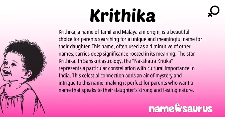 Infographic about Krithika name meaning, Krithika is a name from Tamil, Malayalam origin(s).