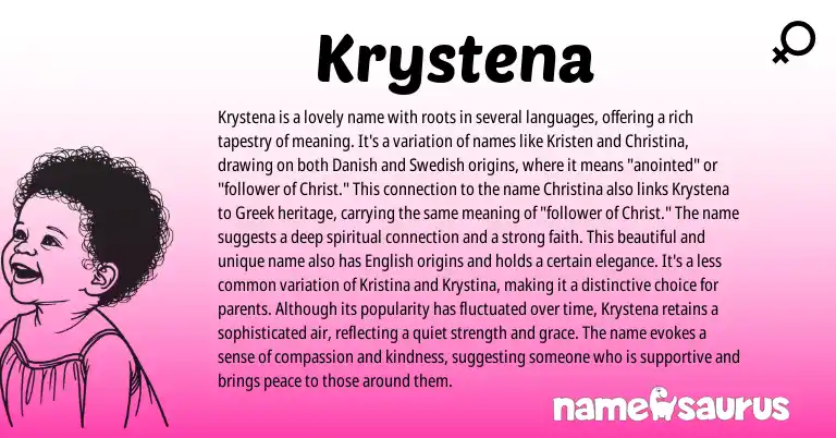 Infographic about Krystena name meaning, Krystena is a name from Greek, Swedish, Danish origin(s).