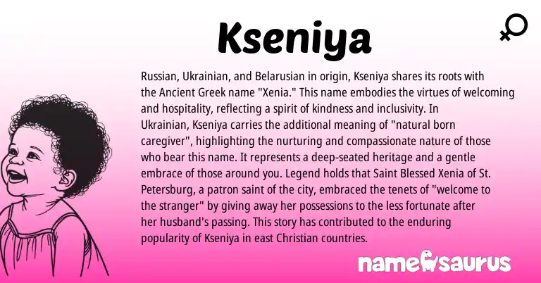 Infographic about Kseniya name meaning, Kseniya is a name from Russian, Ancient Greek, Ukrainian, Belarusian origin(s).