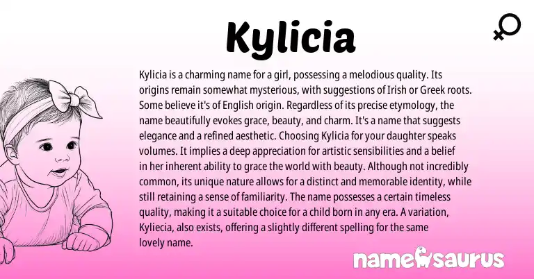 Infographic about Kylicia name meaning, Kylicia is a name from Greek, Irish origin(s).