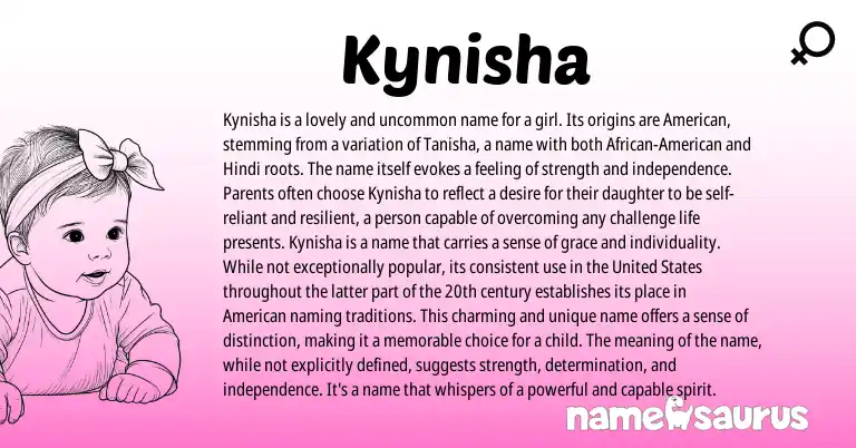 Infographic about Kynisha name meaning, Kynisha is a name from Hindi, American origin(s).