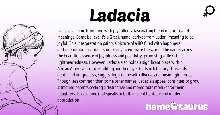 Infographic about Ladacia name meaning, Ladacia is a name from Greek origin(s).