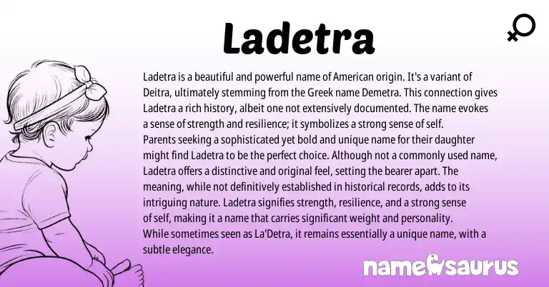 Infographic about Ladetra name meaning, Ladetra is a name from American, Greek origin(s).