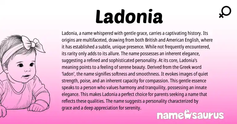 Infographic about Ladonia name meaning, Ladonia is a name from Greek origin(s).