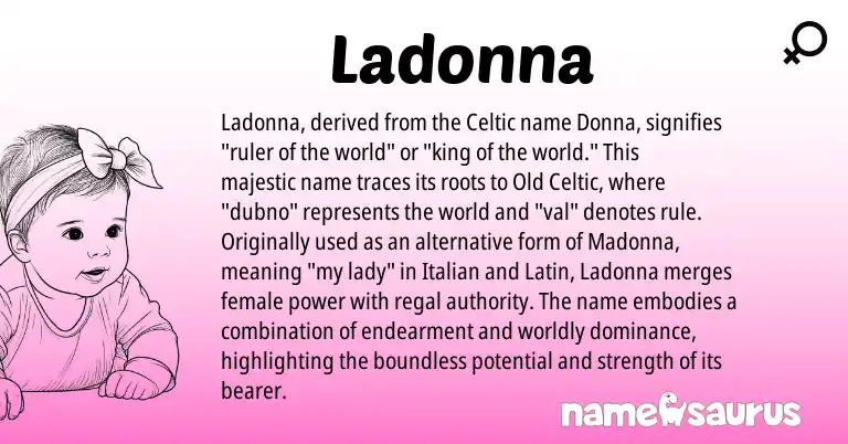 Infographic about Ladonna name meaning, Ladonna is a name from Old Celtic, Latin, Celtic, Italian origin(s).