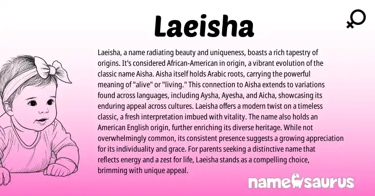 Infographic about Laeisha name meaning, Laeisha is a name from Arabic origin(s).