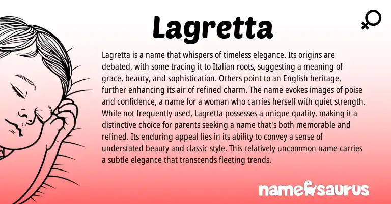 Infographic about Lagretta name meaning, Lagretta is a name from Italian origin(s).