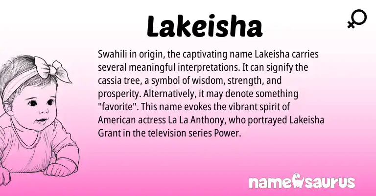 Infographic about Lakeisha name meaning, Lakeisha is a name from Swahili, American origin(s).