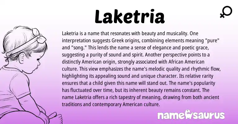 Infographic about Laketria name meaning, Laketria is a name from Greek origin(s).