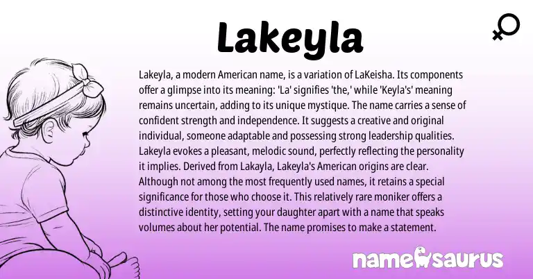 Infographic about Lakeyla name meaning, Lakeyla is a name from American origin(s).