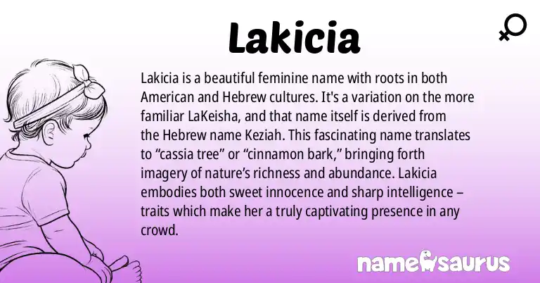 Infographic about Lakicia name meaning, Lakicia is a name from American, Hebrew origin(s).