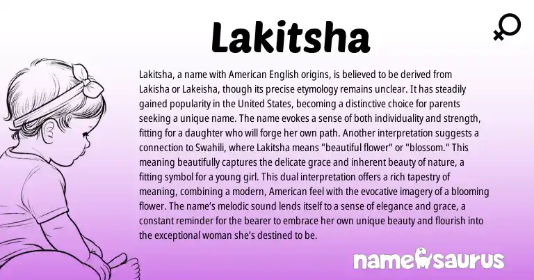 Infographic about Lakitsha name meaning, Lakitsha is a name from African, Swahili origin(s).