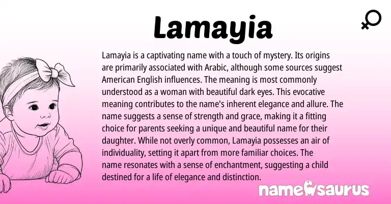 Infographic about Lamayia name meaning, Lamayia is a name from Arabic origin(s).