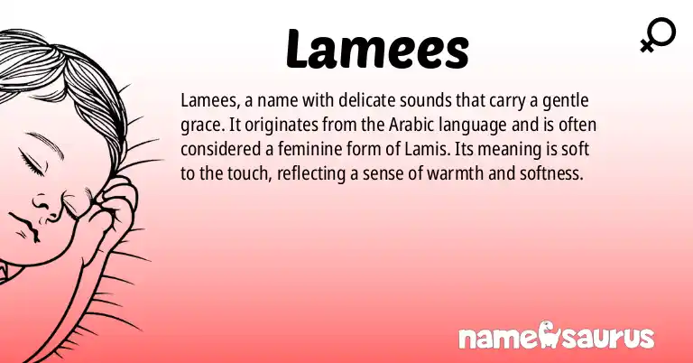 Infographic about Lamees name meaning, Lamees is a name from Arabic origin(s).