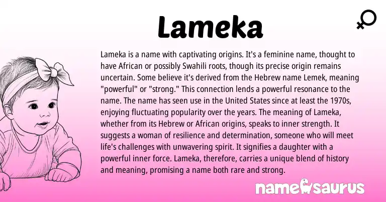 Infographic about Lameka name meaning, Lameka is a name from Hebrew, American origin(s).