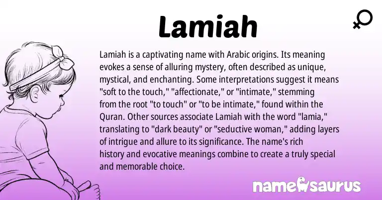 Infographic about Lamiah name meaning, Lamiah is a name from Arabic origin(s).
