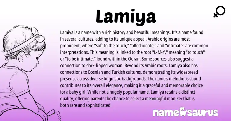 Infographic about Lamiya name meaning, Lamiya is a name from Arabic origin(s).