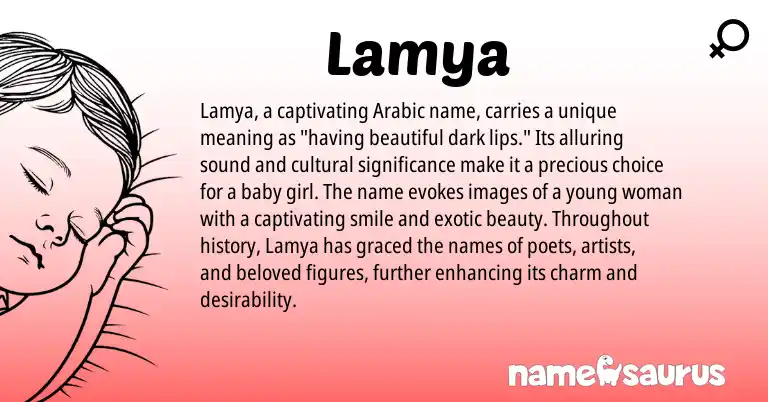 Infographic about Lamya name meaning, Lamya is a name from Arabic origin(s).