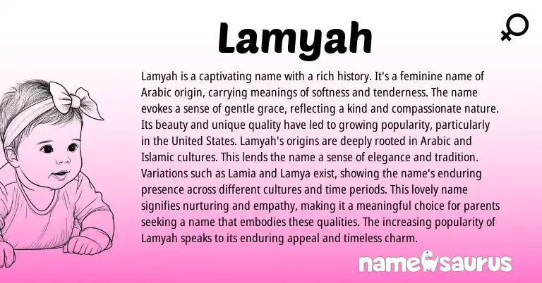 Infographic about Lamyah name meaning, Lamyah is a name from Arabic origin(s).