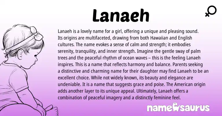 Infographic about Lanaeh name meaning, Lanaeh is a name from English, Hawaiian origin(s).