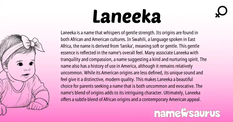 Infographic about Laneeka name meaning, Laneeka is a name from African, Swahili origin(s).